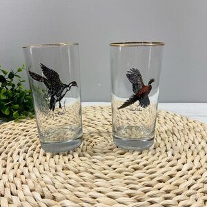 2 Richard Bishop Wild Game Birds Highball 8oz. Glass Gold Rim MCM